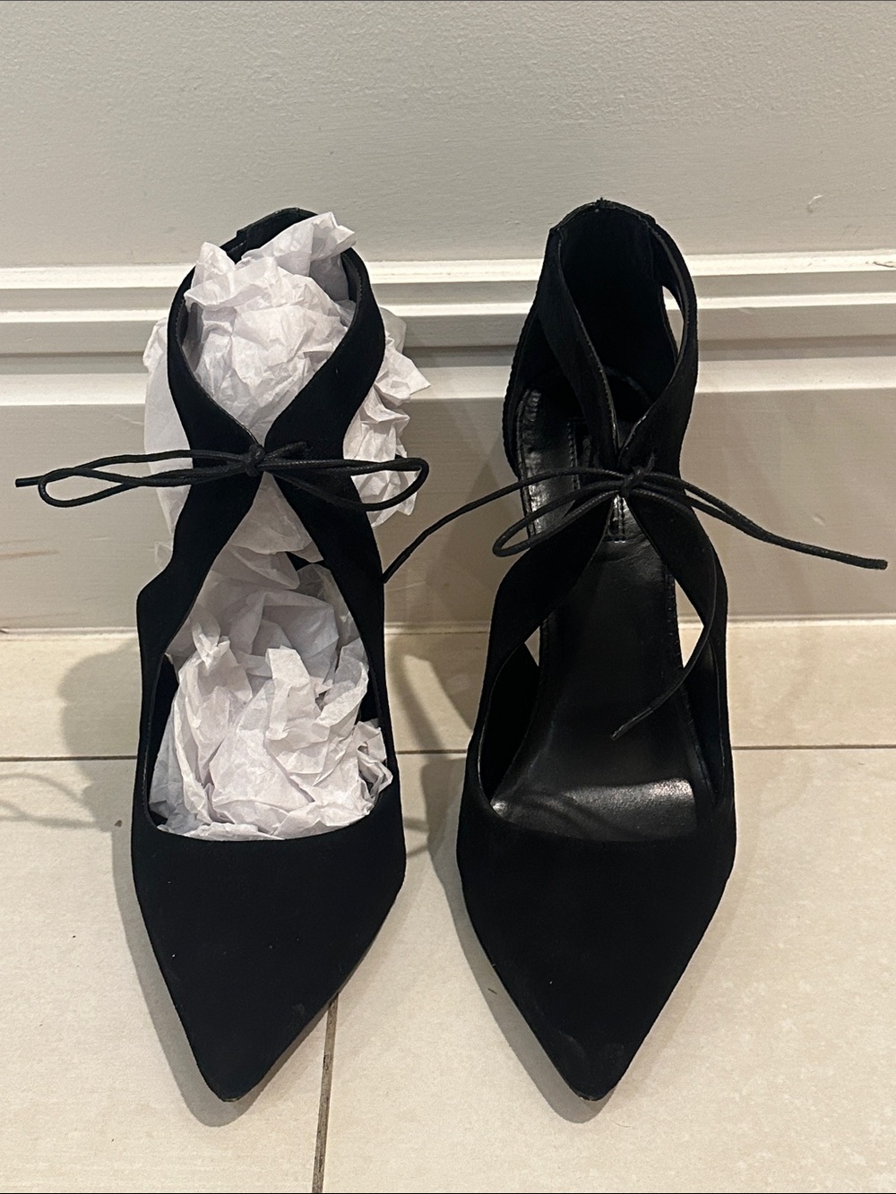 Topshop Black Suede Lace-Up Pointed Toe Heels